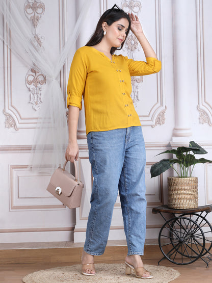 Yellow Solid Straight Rayon Top