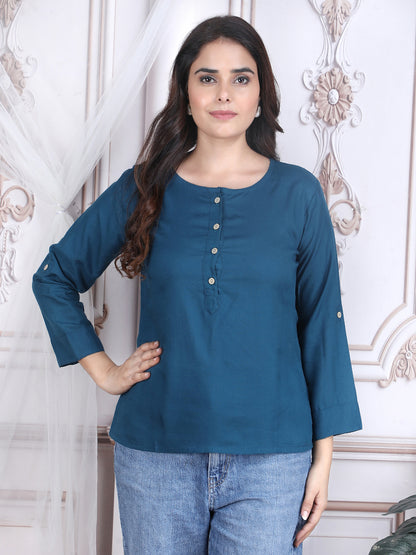 Blue Soild Straight Rayon Top