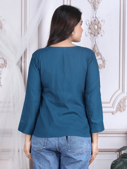 Blue Soild Straight Rayon Top