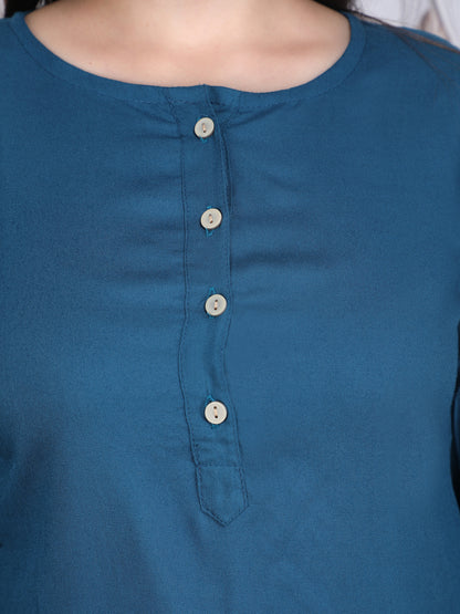 Blue Soild Straight Rayon Top