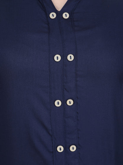 Navy Blue Solid Pattern Straight Rayon Top