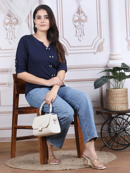 Navy Blue Solid Pattern Straight Rayon Top