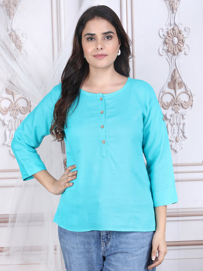 Sky Blue Soild Straight Rayon Top