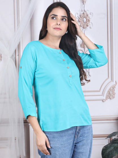 Sky Blue Soild Straight Rayon Top