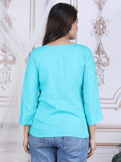 Sky Blue Soild Straight Rayon Top