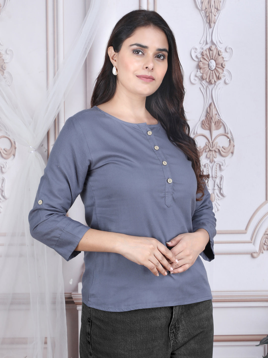 Grey Soild Straight Rayon Top