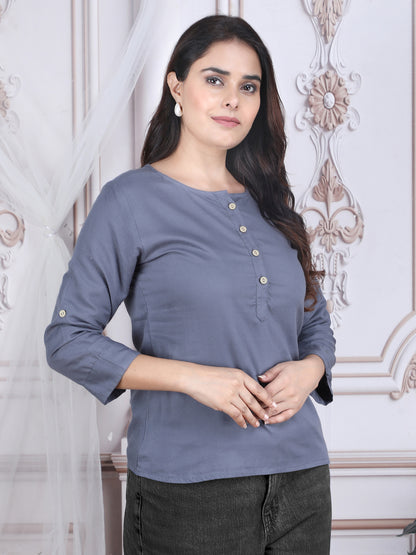 Grey Soild Straight Rayon Top