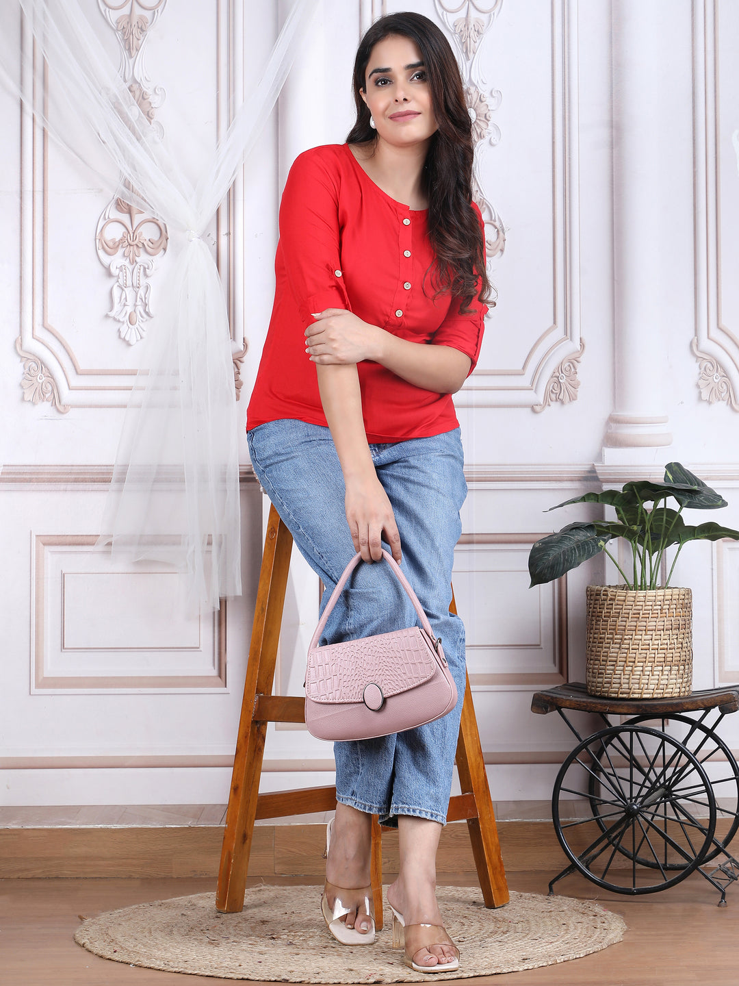 Red Solid Straight Rayon Top