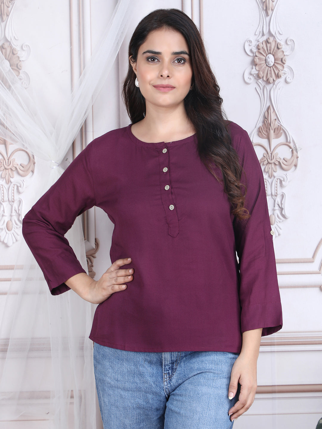 Purple Soild Straight Rayon Top