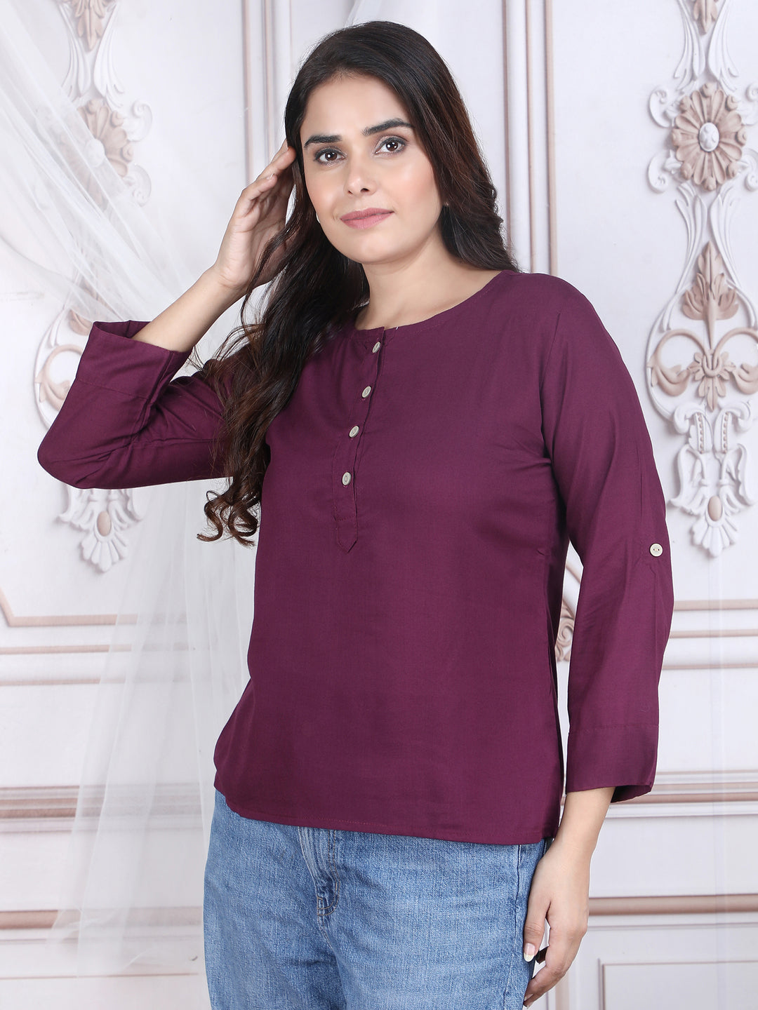 Purple Soild Straight Rayon Top