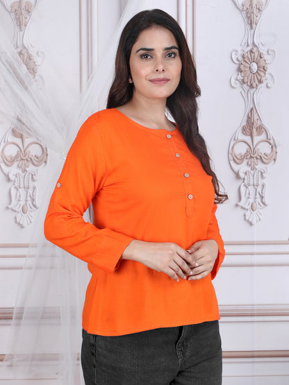 Orange Solid Straight Rayon Top