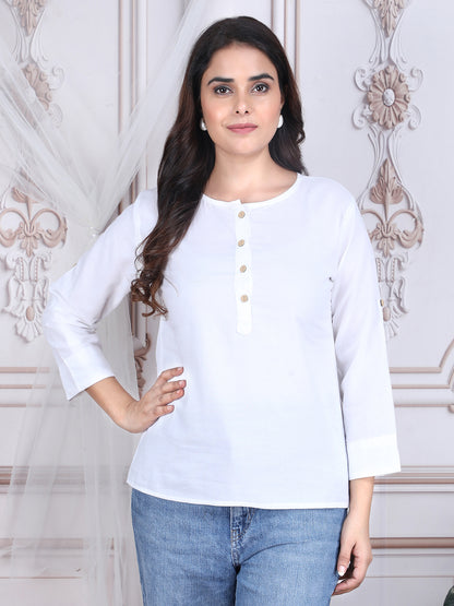 White Solid Straight Rayon Top
