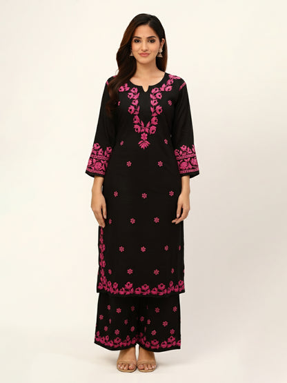 Black Chikankari with pink embroidery Kurta Palazzo Set