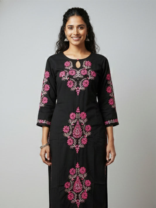 Black Chikankari Kurta with Pink Embroidery