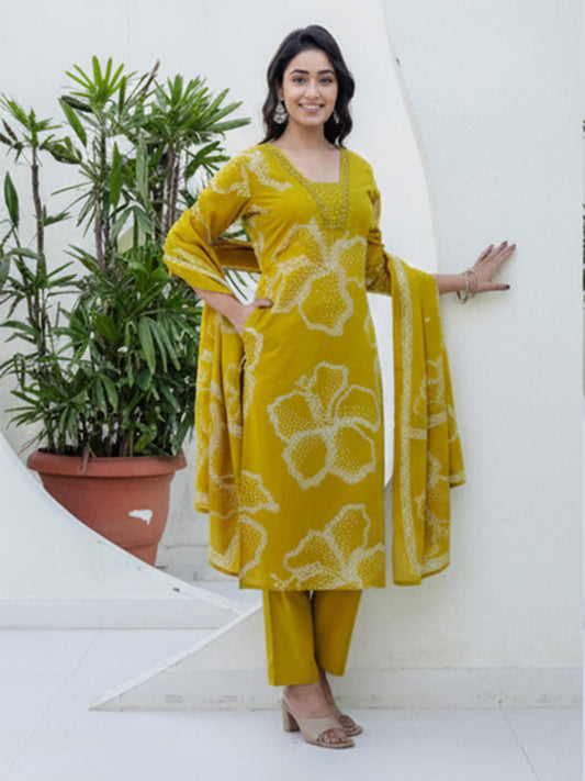 Charming yellow cotton suit set with vibrant prints