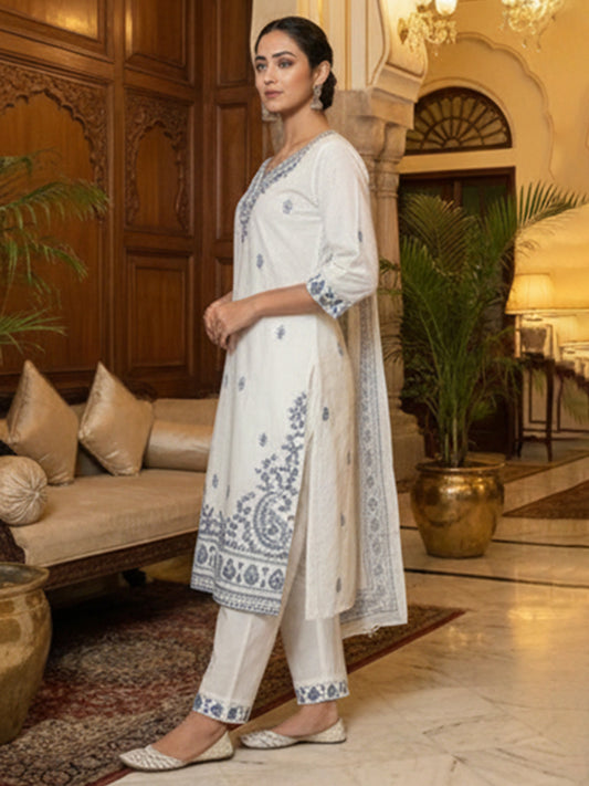 Elegant White Dobby Suit Set for Women’s Casual Ethnic Wear