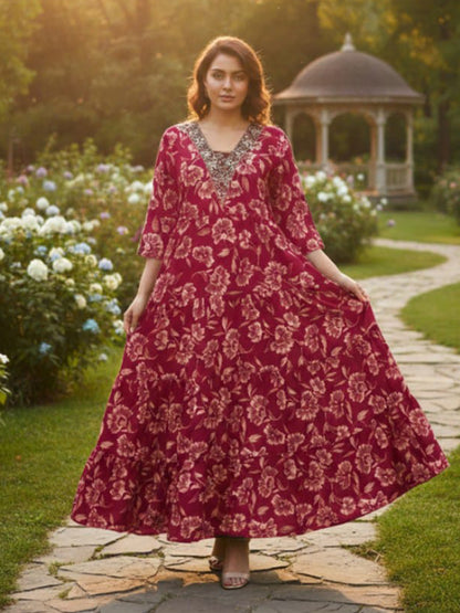 Women’s Multicolour Anarkali Style Embroidered Rayon Dress