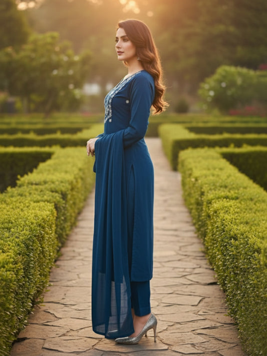 Elegant Blue A-Line Embroidered Cotton Suit set for Everyday wear