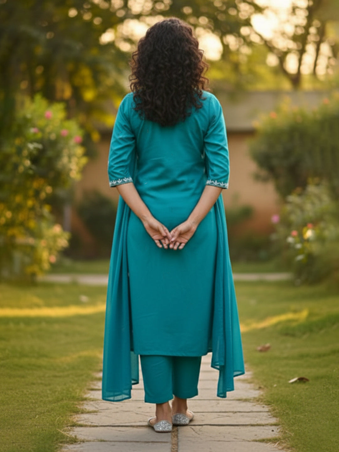 Elegant Turquoise A-Line Embroidered Cotton Suit set for Everyday wear
