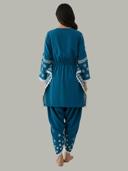 Blue Chikankari Kurta Tulip Salwar Set with white embroidery