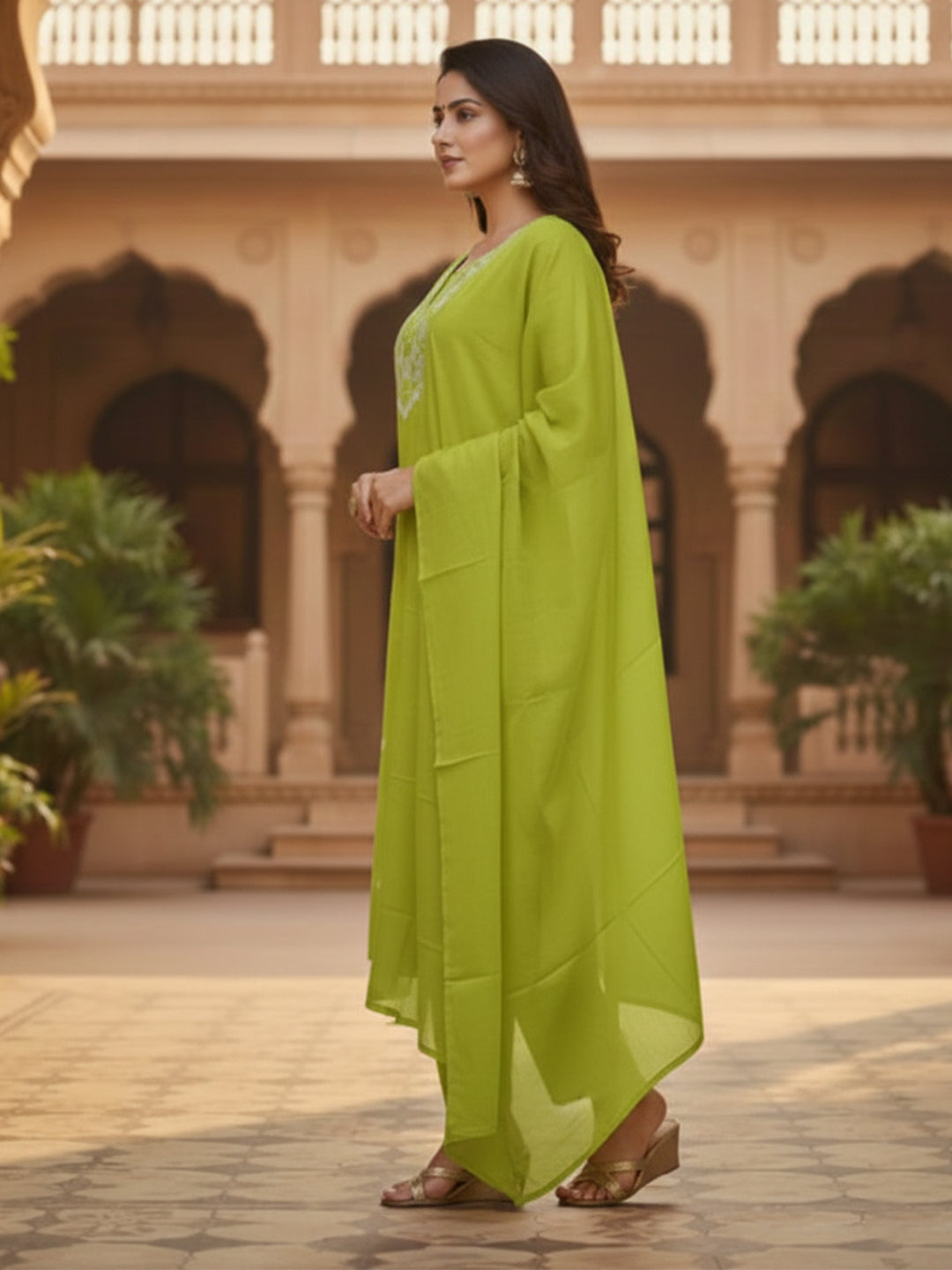 Elegant Light Green A-Line Embroidered Cotton Suit set for Everyday wear