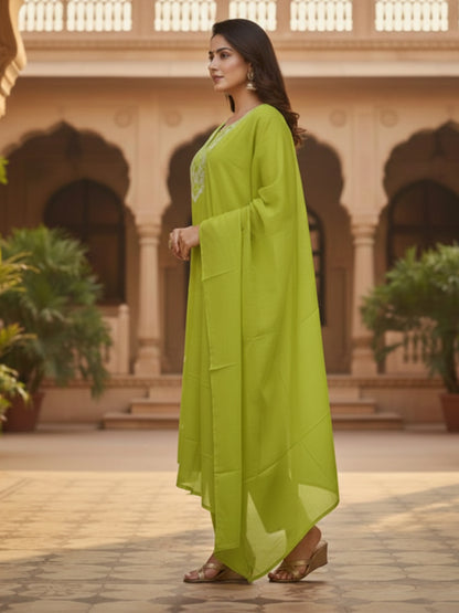 Elegant Light Green A-Line Embroidered Cotton Suit set for Everyday wear