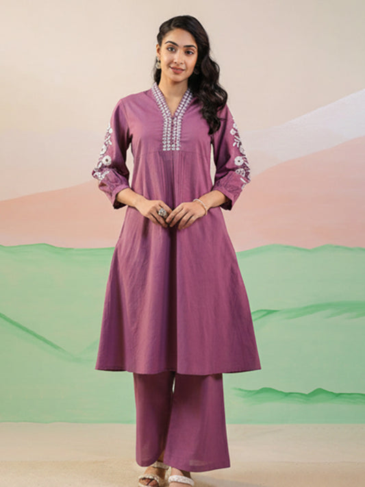 Purple Cotton Slub Kurta Pant Set for Everyday Wear