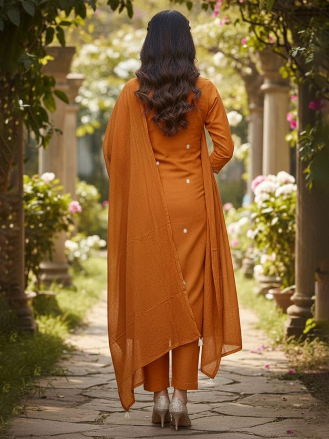 Elegant Rust A-Line Embroidered Cotton Suit set for Everyday wear