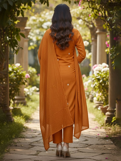 Elegant Rust A-Line Embroidered Cotton Suit set for Everyday wear