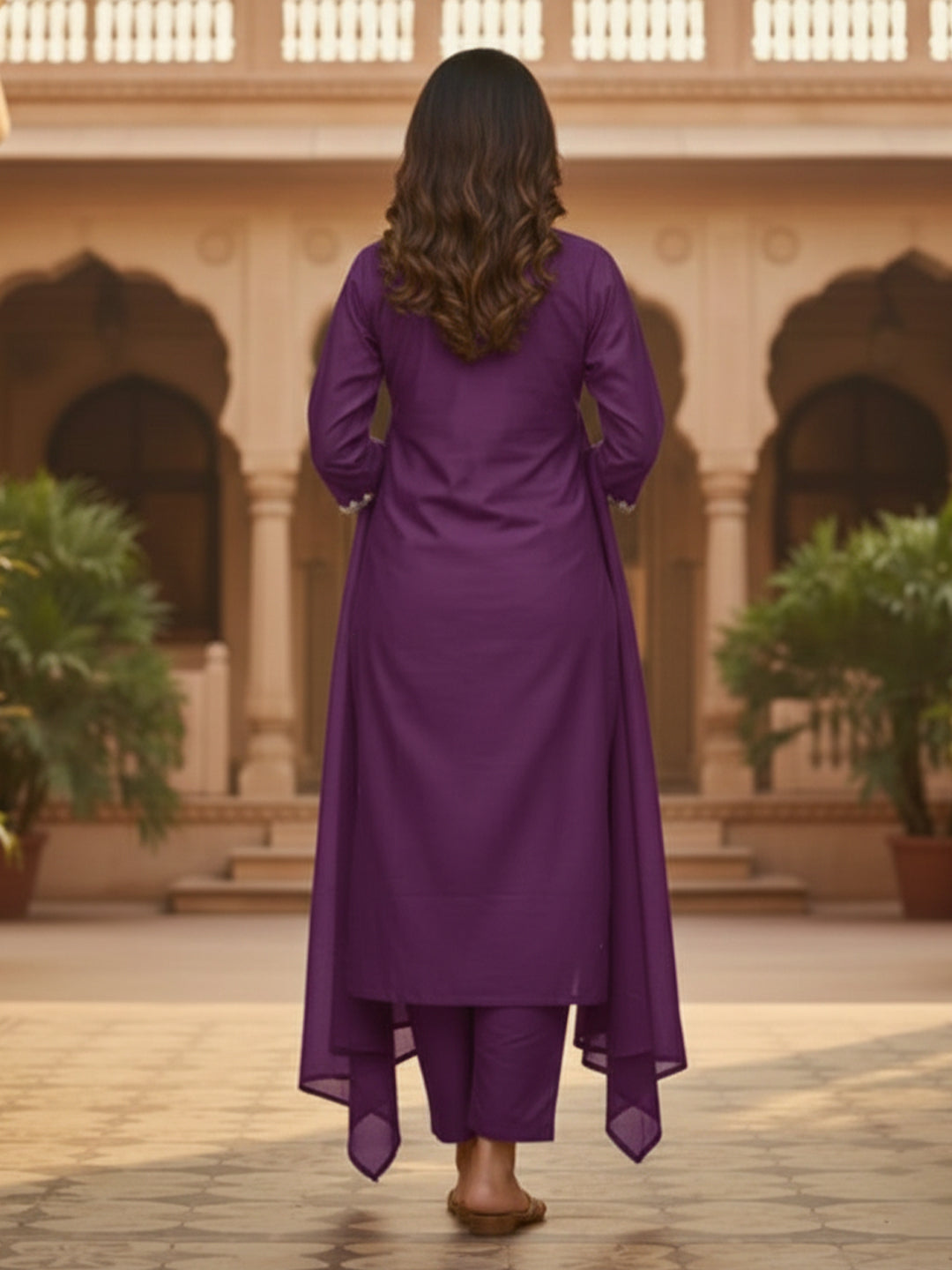 Elegant Purple A-Line Embroidered Cotton Suit set for Everyday wear