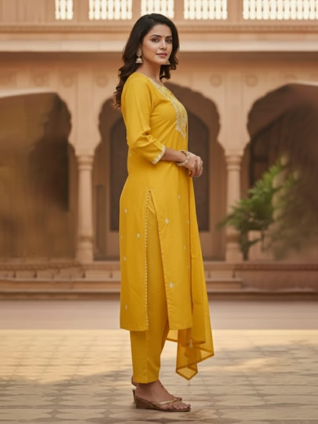 Elegant Yellow A-Line Embroidered Cotton Suit set for Everyday wear