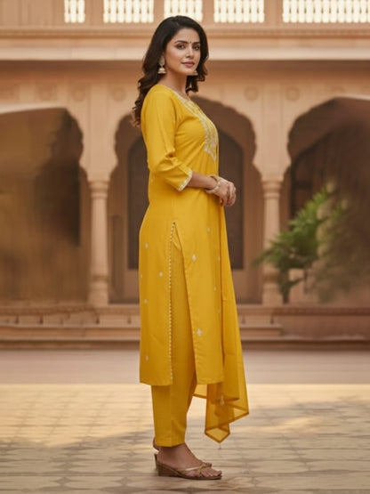 Elegant Yellow A-Line Embroidered Cotton Suit set for Everyday wear