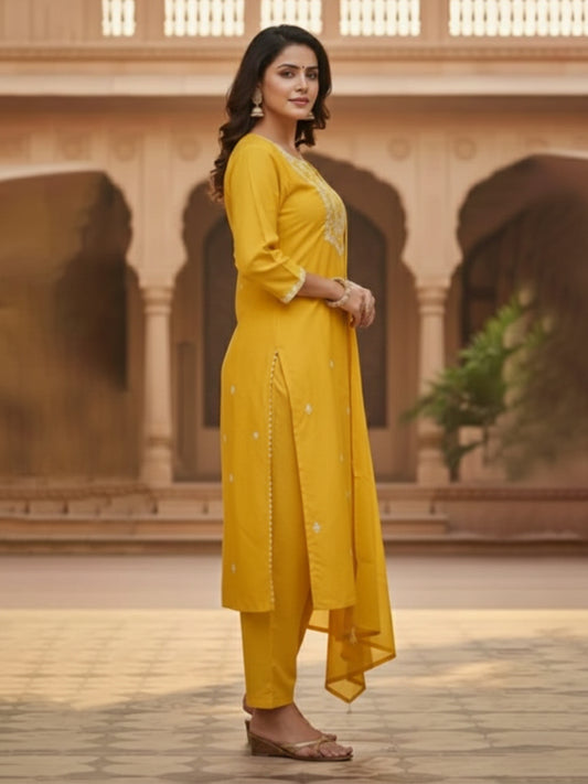 Elegant Yellow A-Line Embroidered Cotton Suit set for Everyday wear