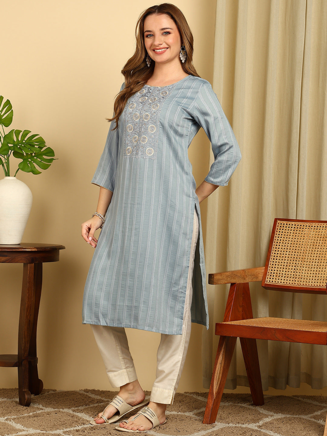 Embroidered Dark Green PolySilk Straight Kurta