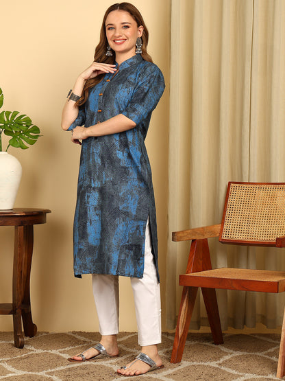 Indigo Blue Solid Cotton Blend Straight Kurta