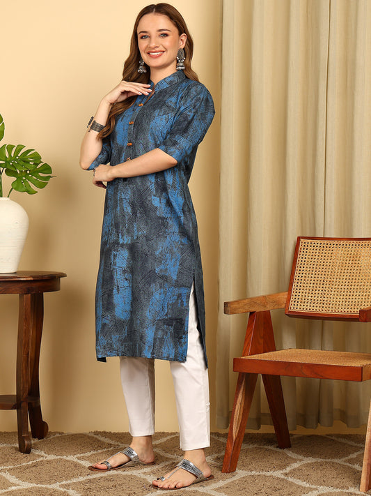 Indigo Blue Solid Cotton Blend Straight Kurta