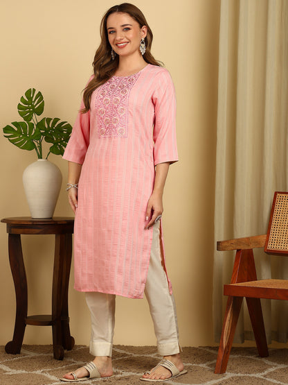 Pink Embroidered PolySilk Straight Kurta