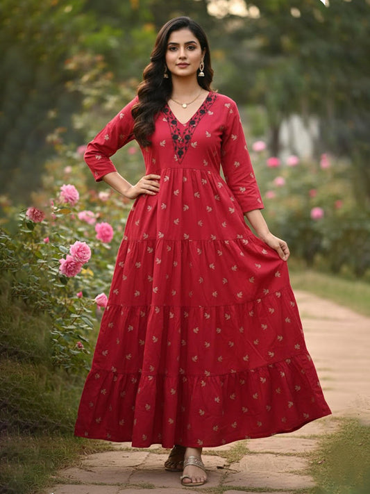 Daily Wear Multicolour Anarkali Rayon Dress with Embroidery