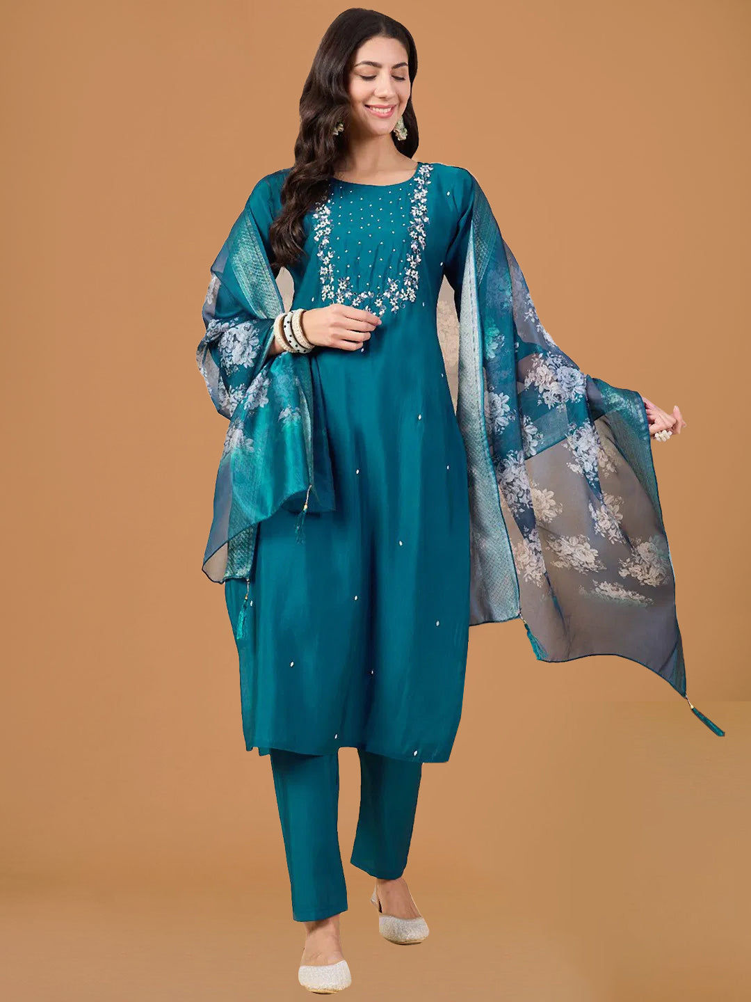 Teal Blue Viscose Chanderi Suit Set