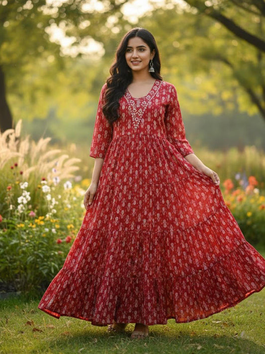 Women’s Flared Multicolour Anarkali Embroidered Rayon Dress