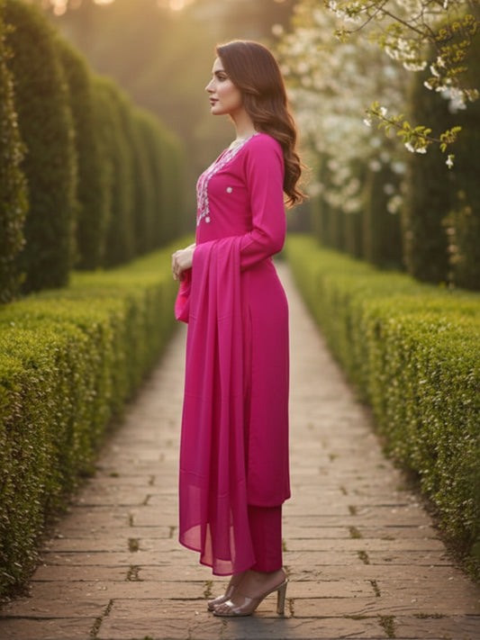 Elegant Dark Pink A-Line Embroidered Cotton Suit set for Everyday wear
