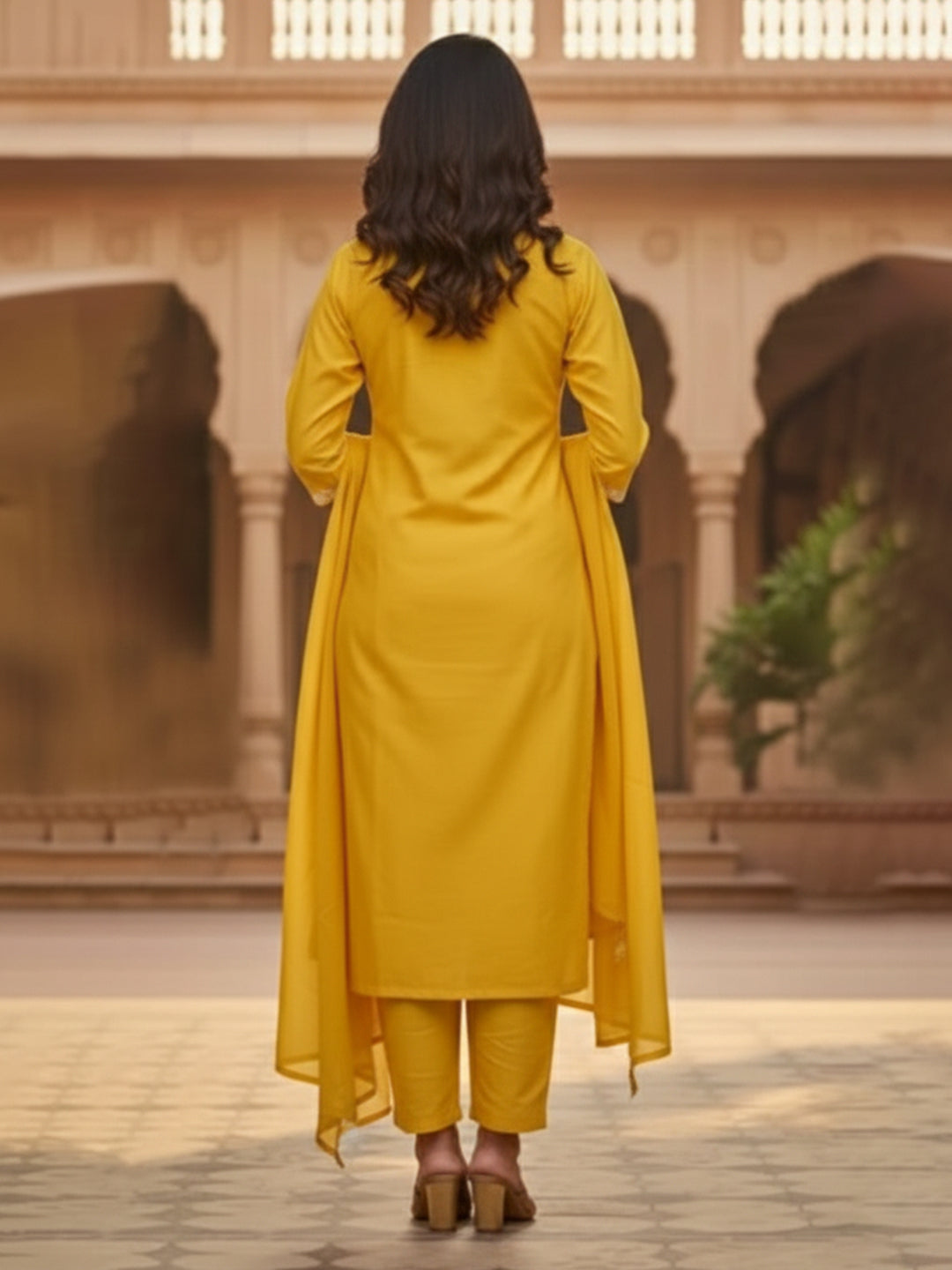 Elegant Yellow A-Line Embroidered Cotton Suit set for Everyday wear