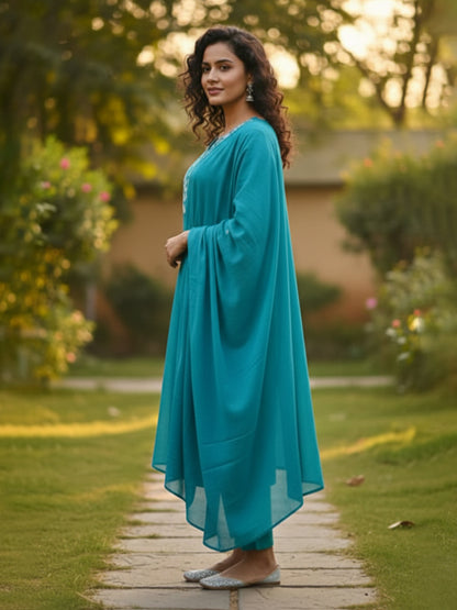 Elegant Turquoise A-Line Embroidered Cotton Suit set for Everyday wear