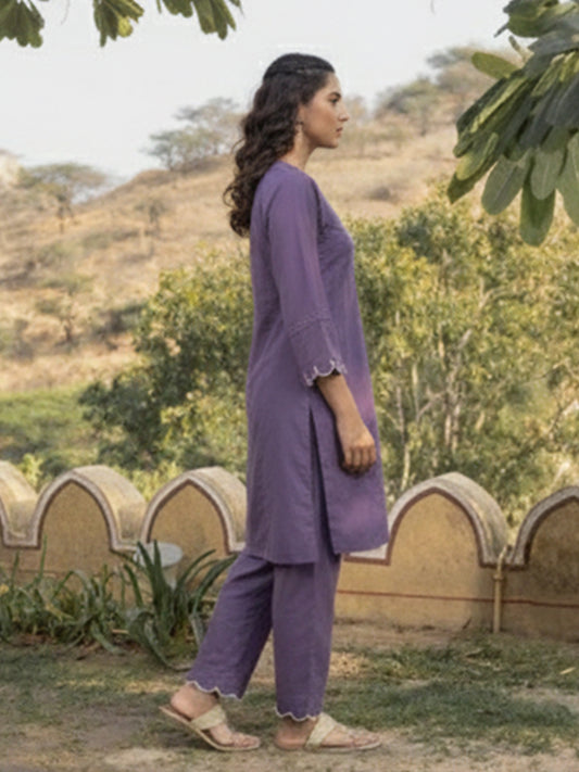 Solid Purple Cotton Flex Kurti and Pant Set for Women