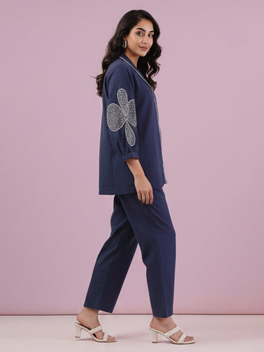 Dark Blue Cotton Slub Co-Ord Set for Women