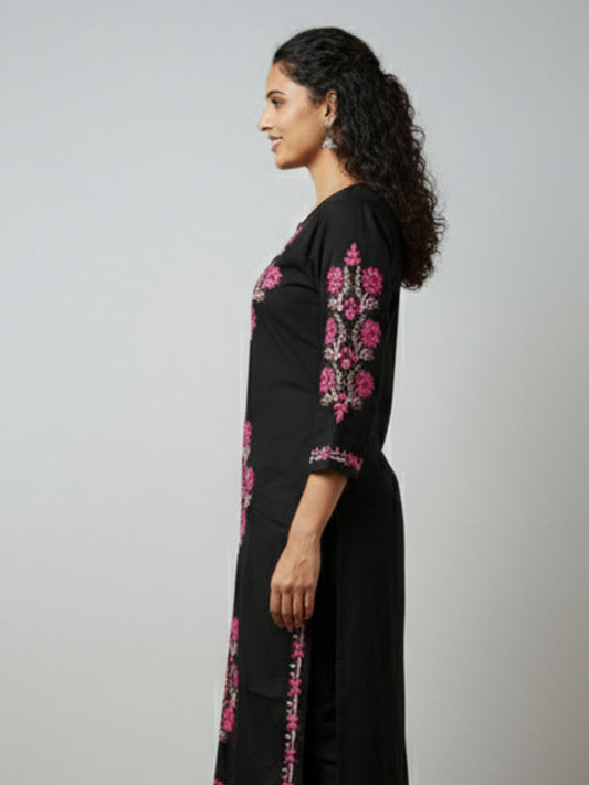 Black Chikankari Kurta with Pink Embroidery