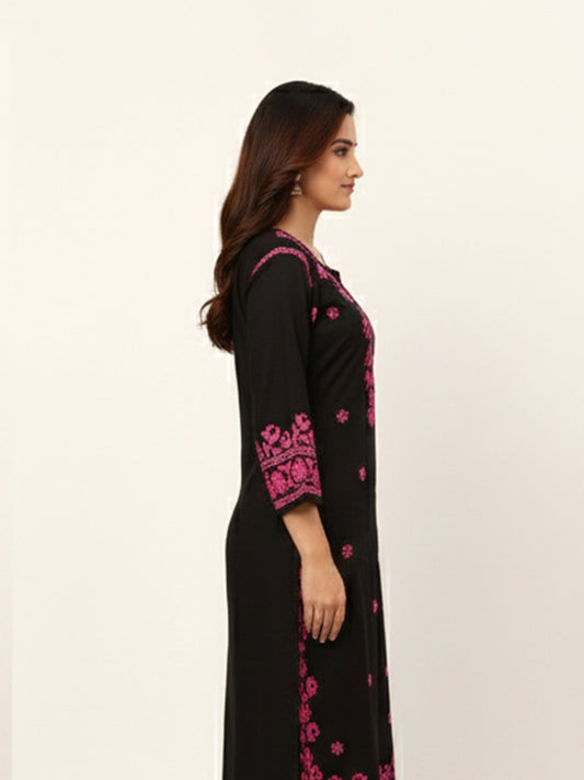 Black Chikankari with pink embroidery Kurta Palazzo Set