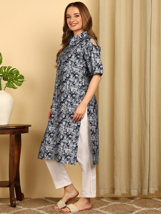 Indigo Blue Solid Cotton Blend Straight Kurta