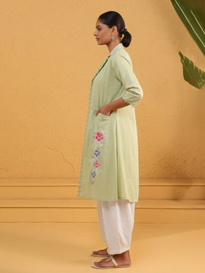 Stylish Light Green Rayon Flex Top Pant Jacket Set