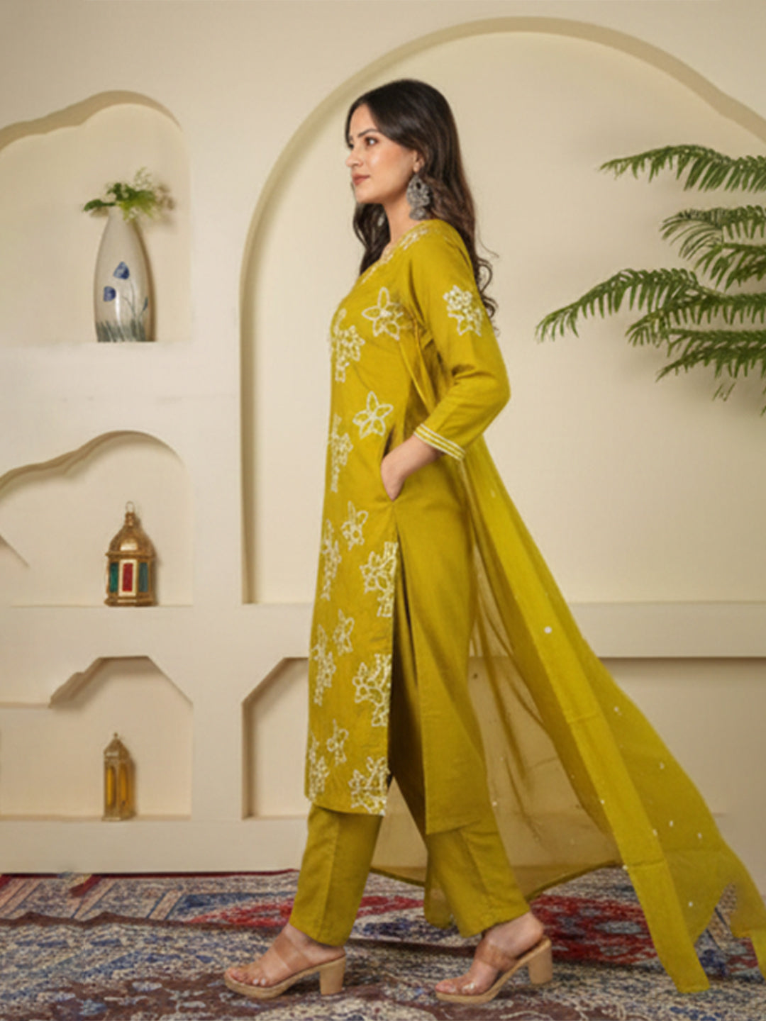 Yellow color cotton suit set with fine embroidery and elegance